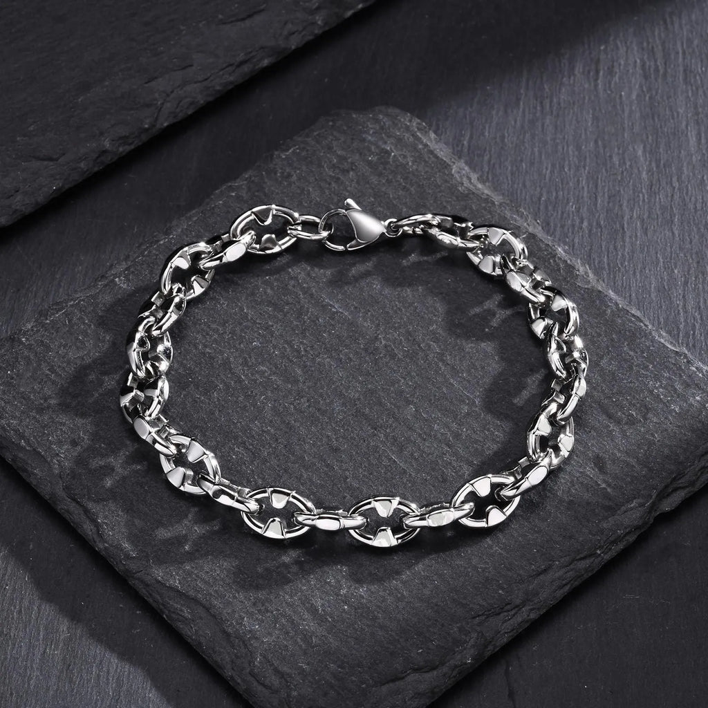 Stainless steel geometric chain bracelet with thick links, steel colour finish
