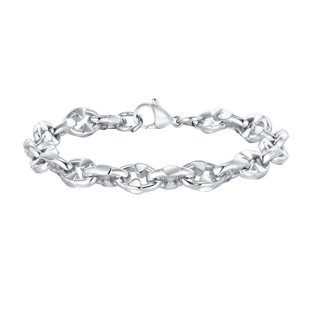 Stainless steel geometric chain bracelet with thick links, steel colour finish