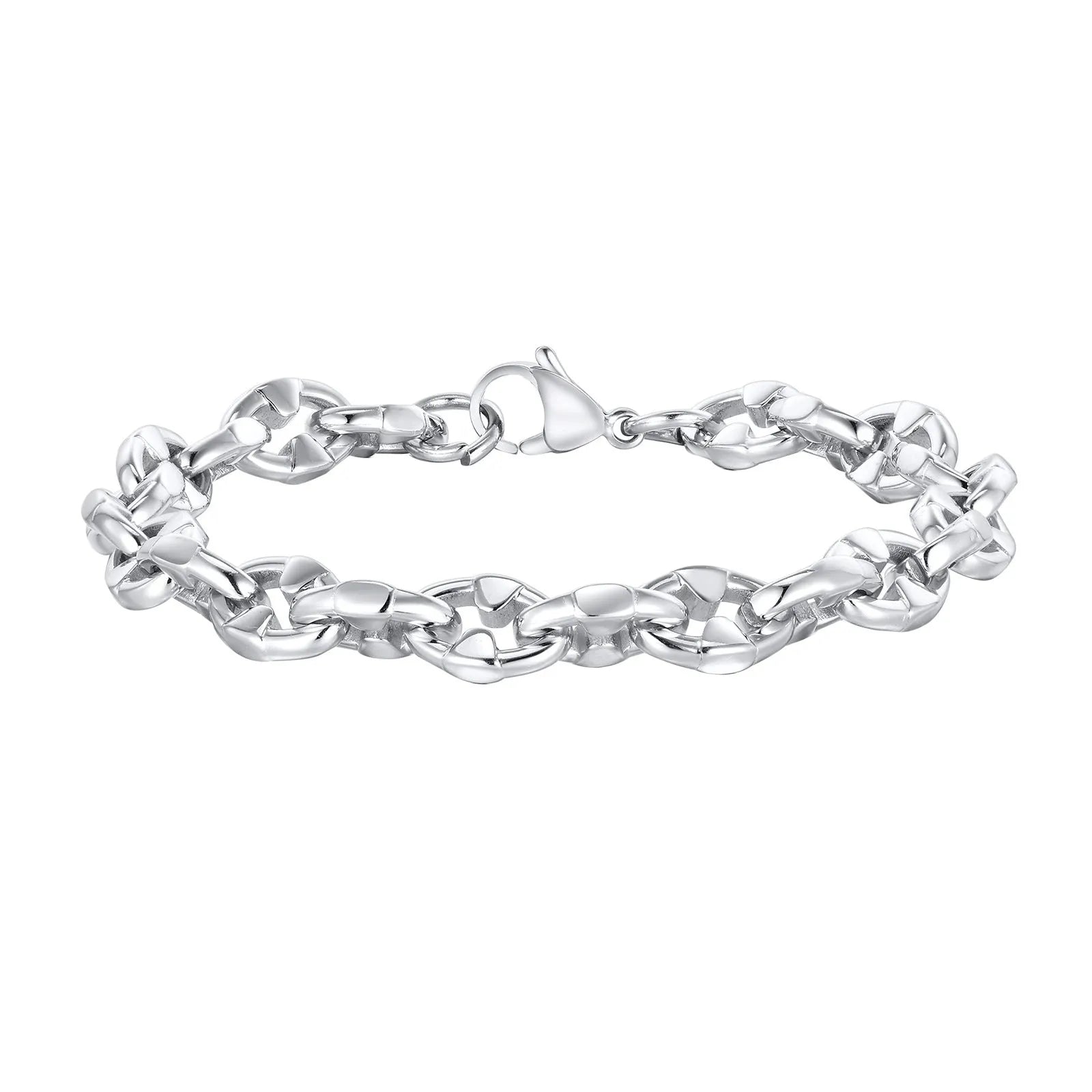 Stainless steel geometric chain bracelet with thick links, steel colour finish