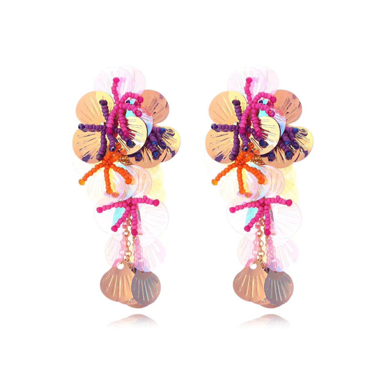 Handmade beaded flower earrings with floral and leaf designs in colourful, rose or purple colours