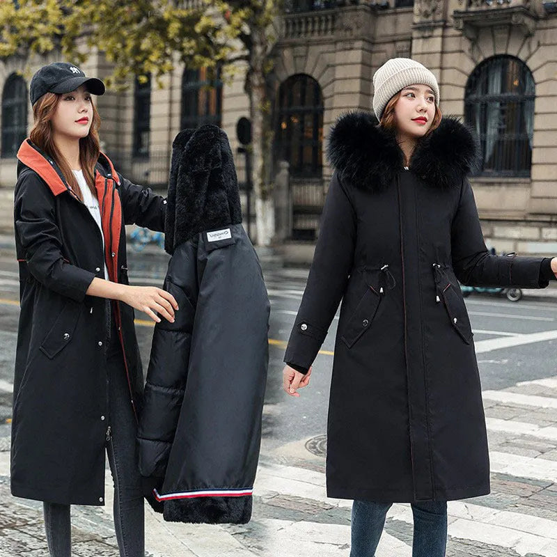 Women's long white cotton-padded trench coat with 100cm length and down cotton filler