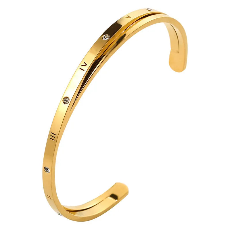 Open-ended women's bracelet with inlaid zircon stones on wrist