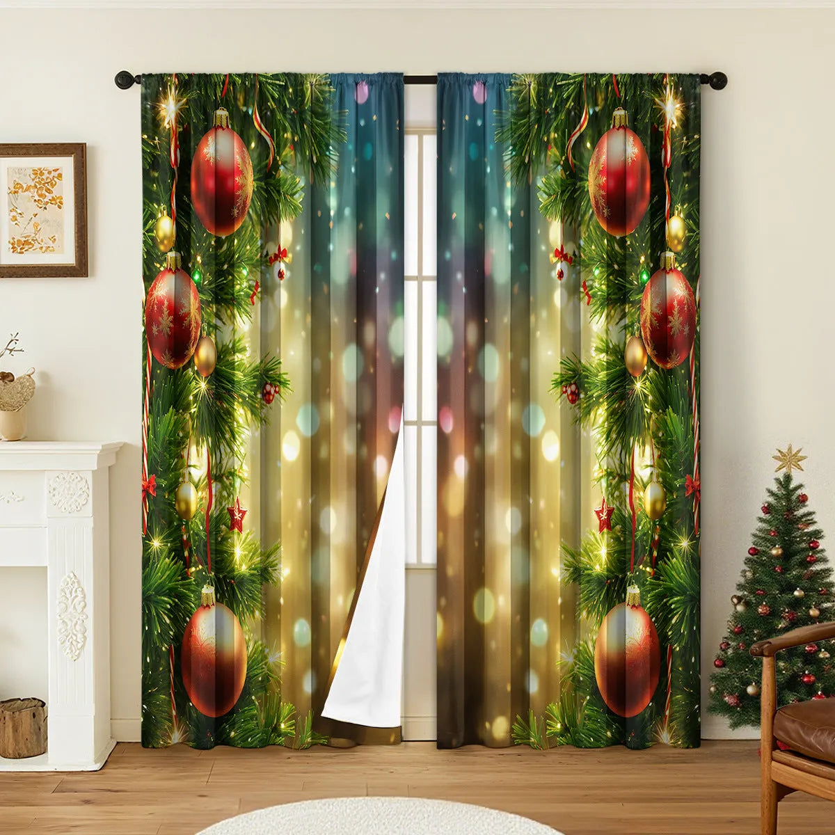 Pair of red and green Christmas theme digitally printed polyester curtains hanging on a window.