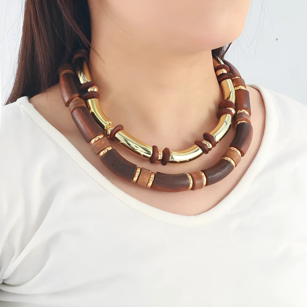 Multi-layer wooden necklace and bracelet set for women with alloy construction