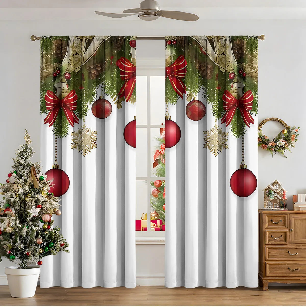 3D digital printed modern Christmas curtain hanging on a window