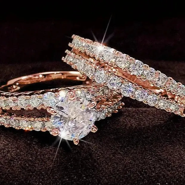 Fully jewelled 2-in-1 female ring set in alloy with silver, gold, and rose gold colour options
