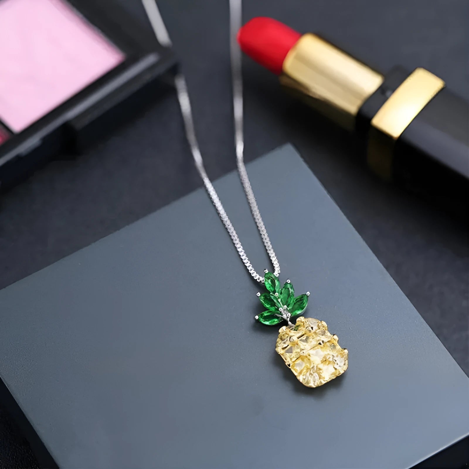 Women's geometric pineapple necklace with silver and white gold plating