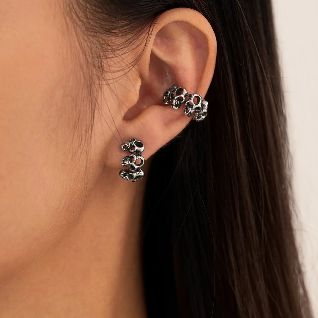 Retro hollow skull design stainless steel ear clips with geometric shape and clip-on mechanism