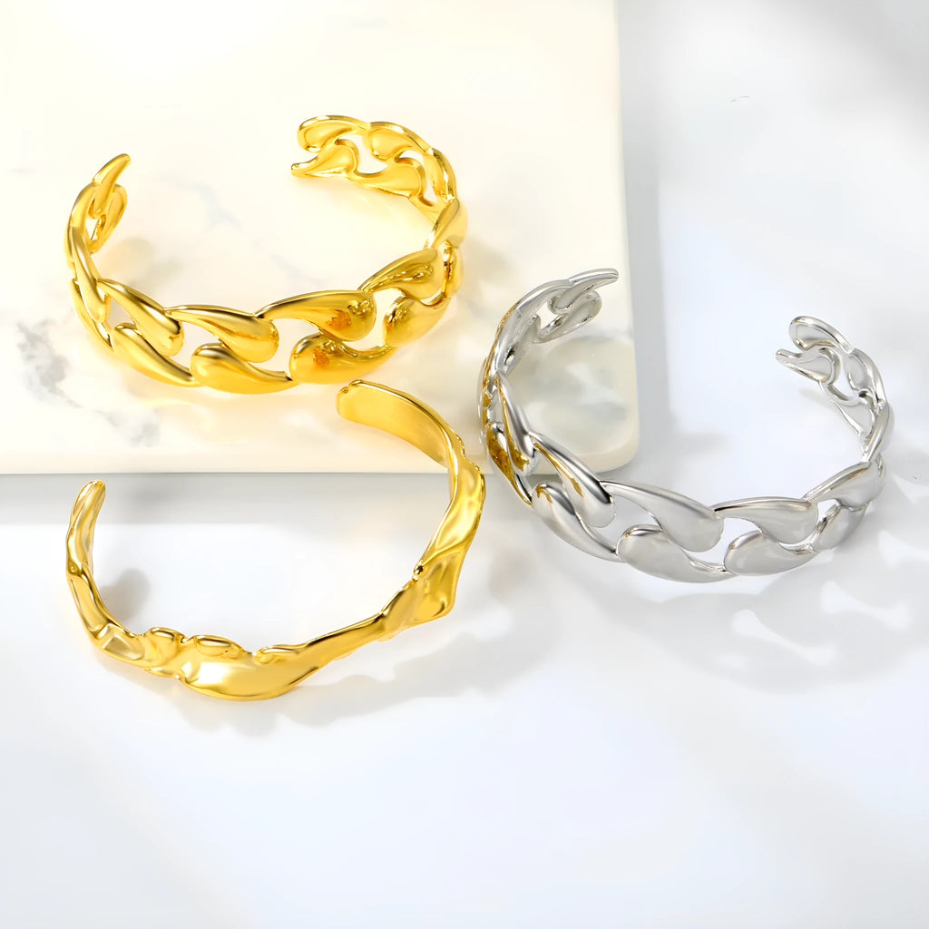 Women's stainless steel alloy bracelet in advanced European trend style, showing three colour options.