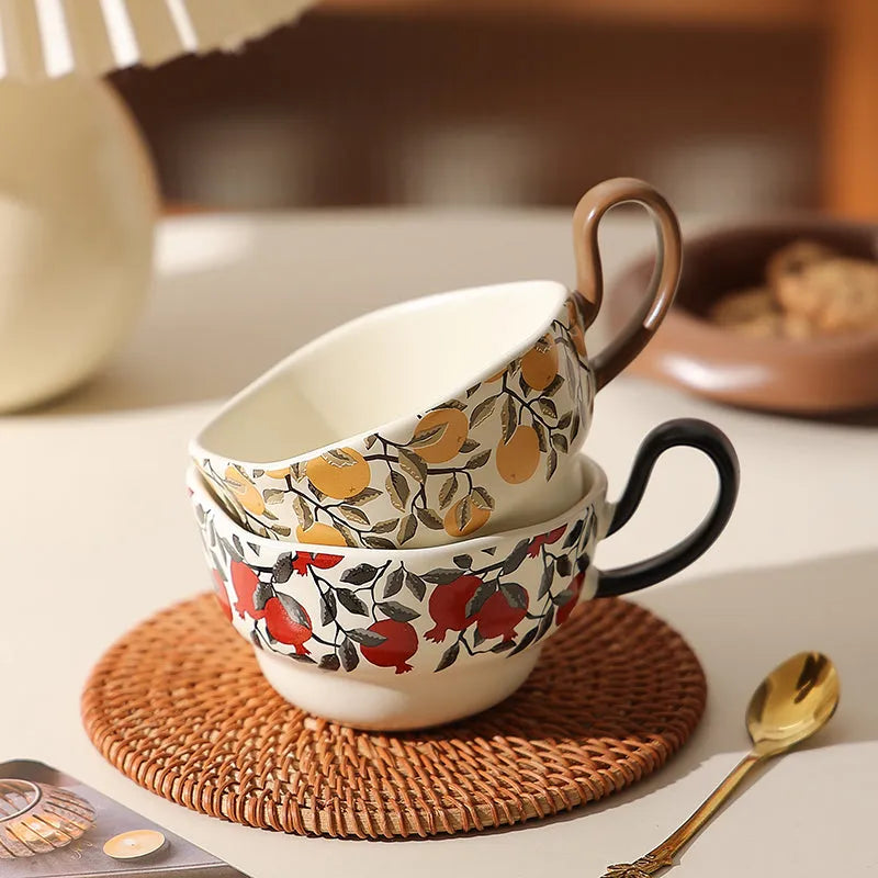Retro antique style ceramic coffee cup and saucer set in black or orange with 210ml capacity.