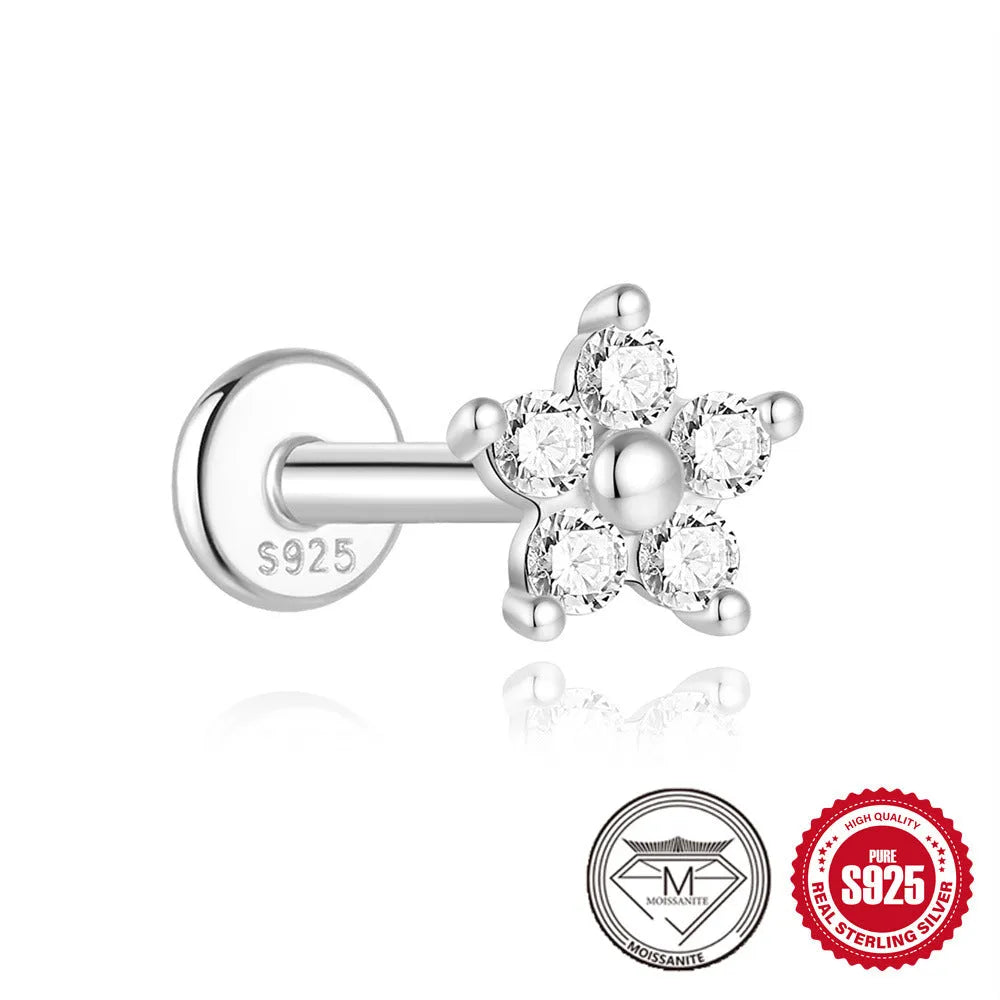A pair of S925 sterling silver geometric petal stud earrings with a platinum finish, shown in a clip-on style.