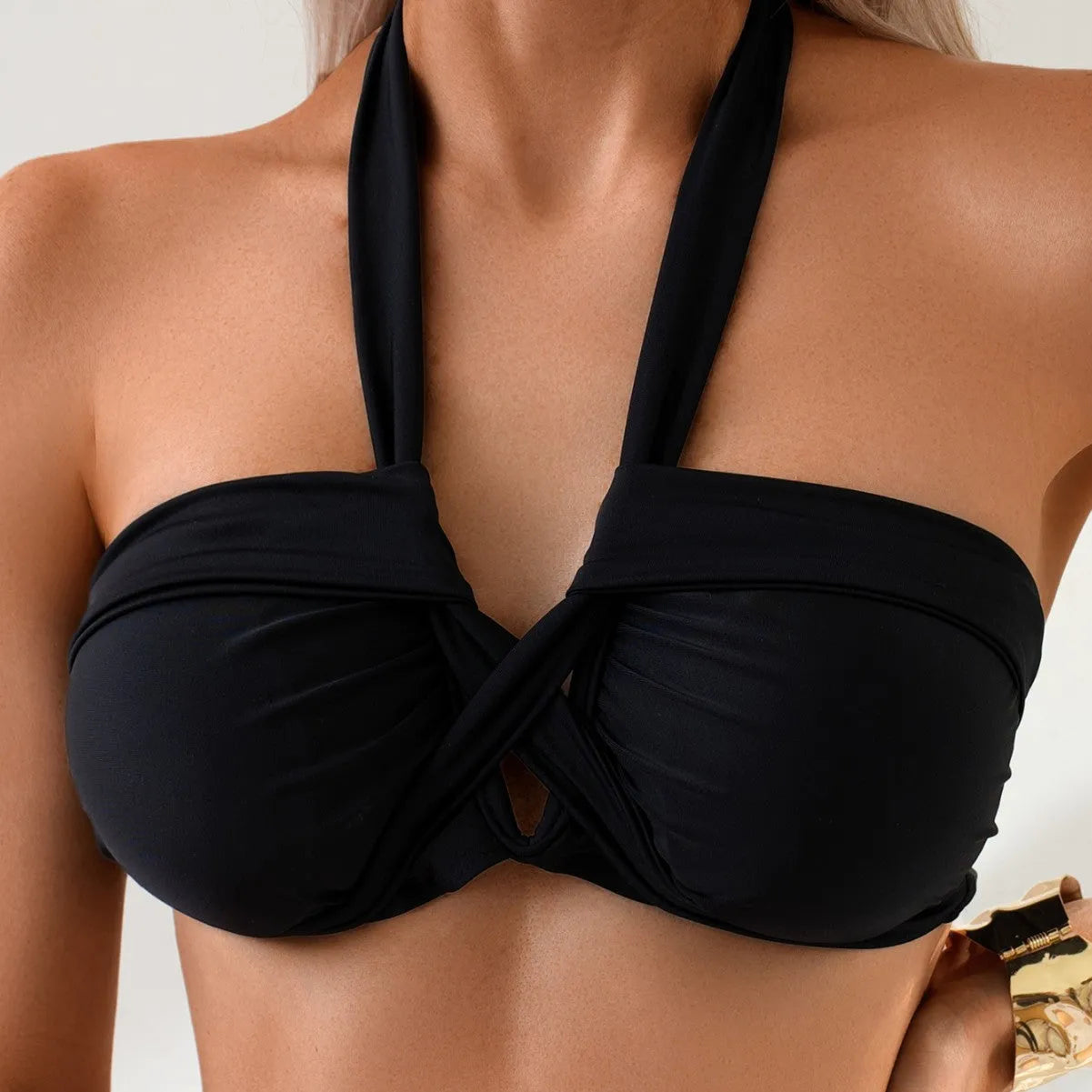 Black women's swimsuit bikini with backless design and spandex blend fabric