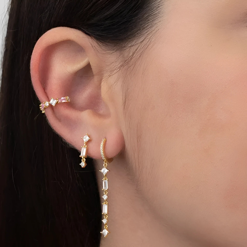 Sterling silver needle earrings with colourful zircon tassel drop design and geometric U-shape