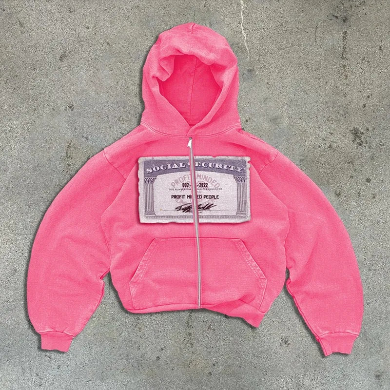 A loose fit black hoodie jacket with a front zipper, pockets, and a white letter print design.