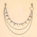 Silver metal double-layer rivet chain trousers accessory with zip fastening on a dark background.