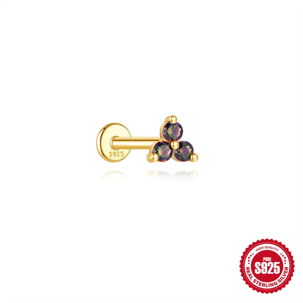 S925 sterling silver flat head thread piercing earring with rainbow stone in geometric design