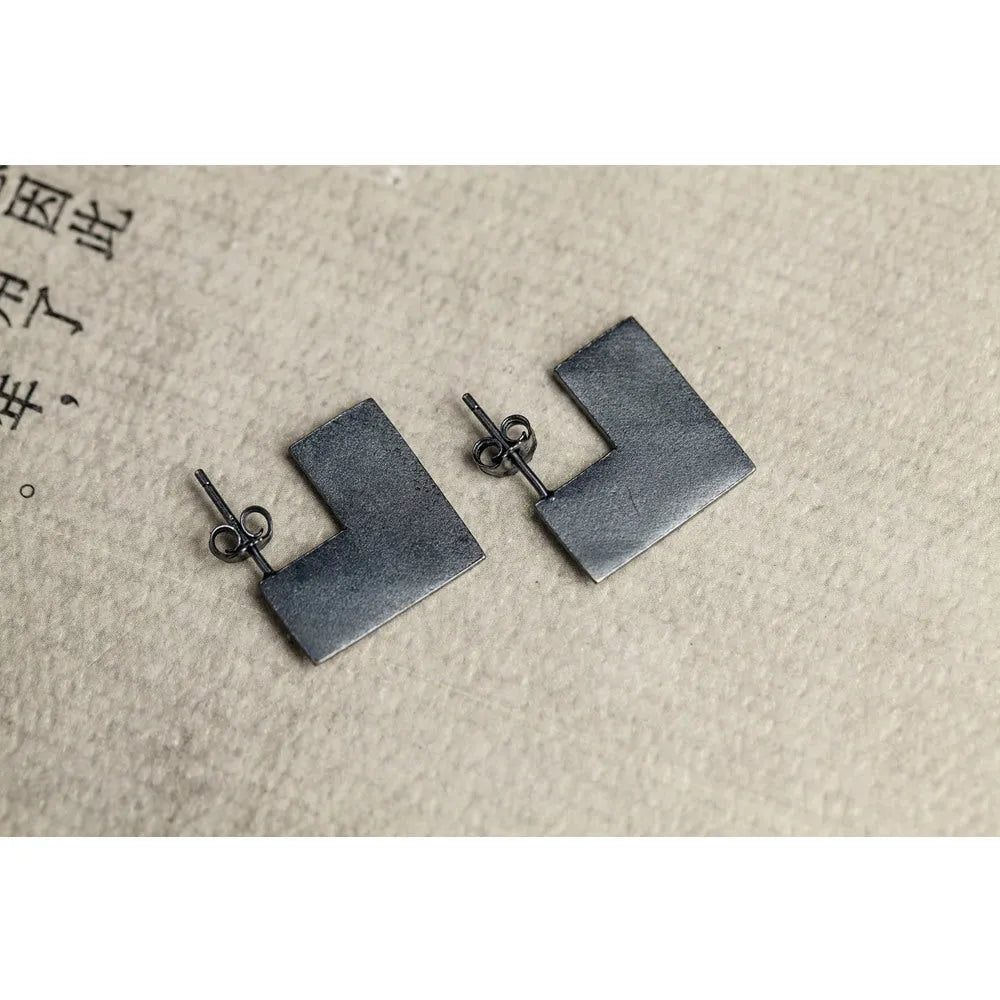 Oxidised black sterling silver square geometry earrings measuring 16mm