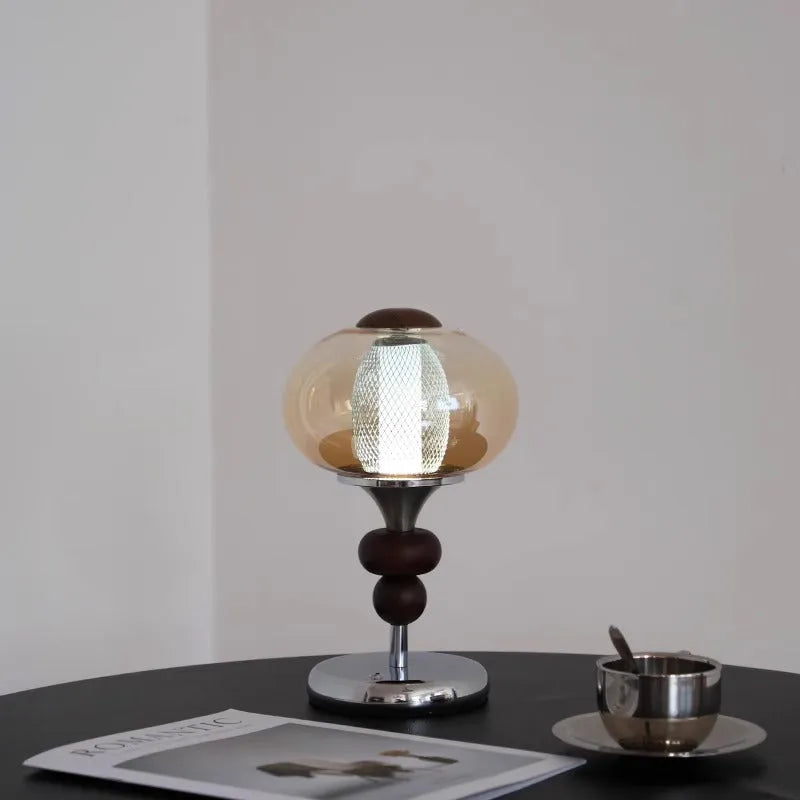 Solid wood retro style table lamp with touch controls for three-colour dimming lighting