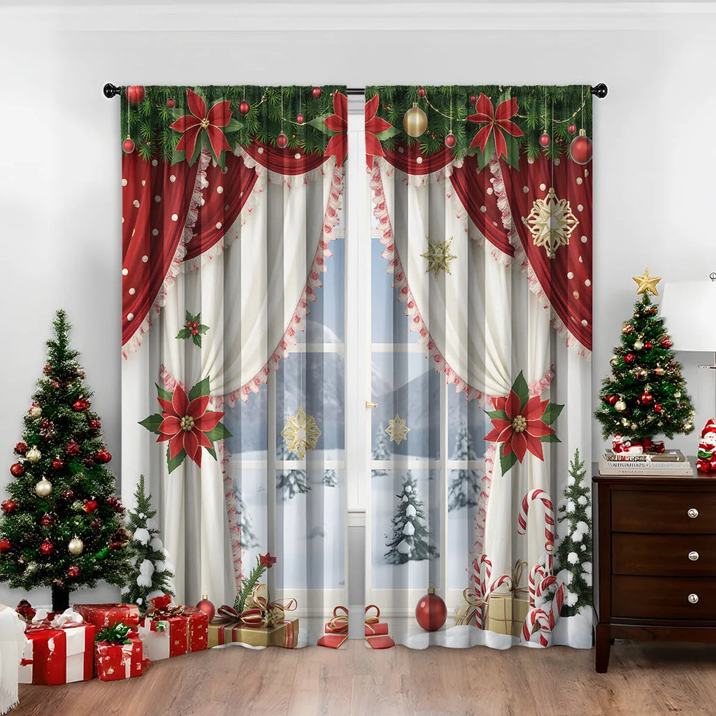 Pair of red and green Christmas theme digitally printed polyester curtains hanging on a window.