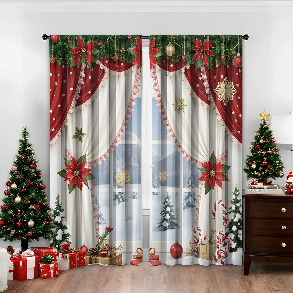 Pair of red and green Christmas theme digitally printed polyester curtains hanging on a window.