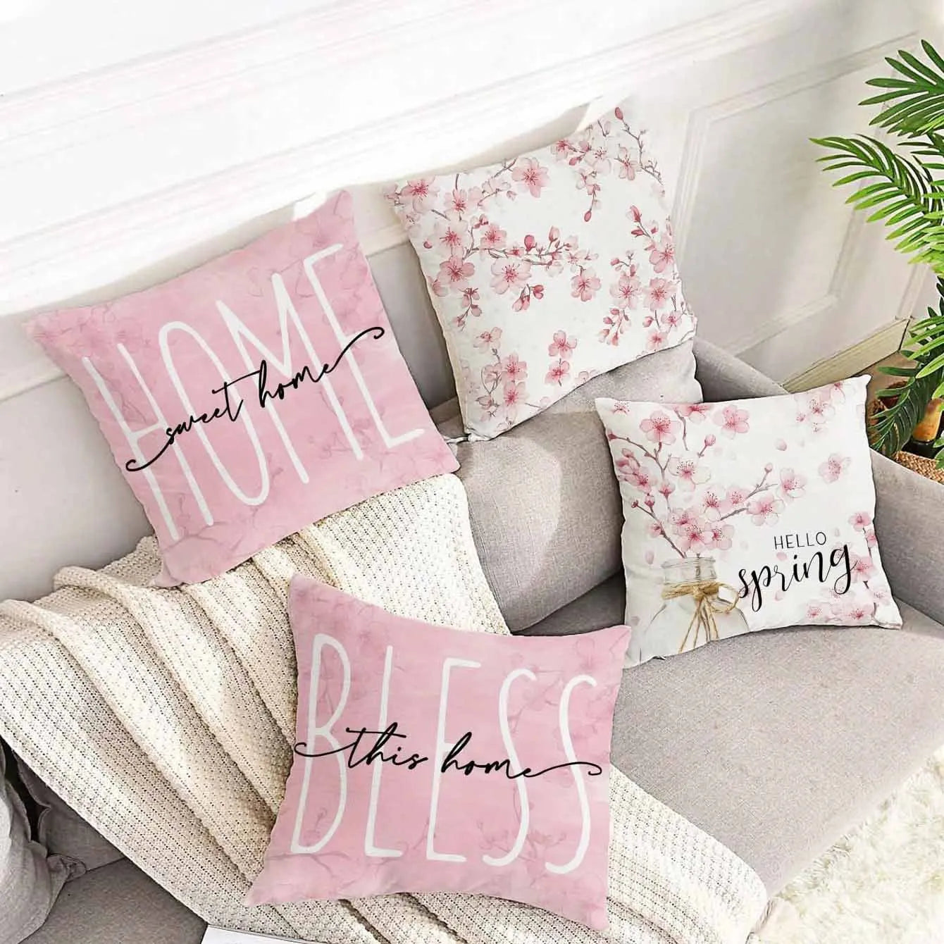 45cm square short velvet cushion cover with spring cherry blossom and letter print in assorted colours.