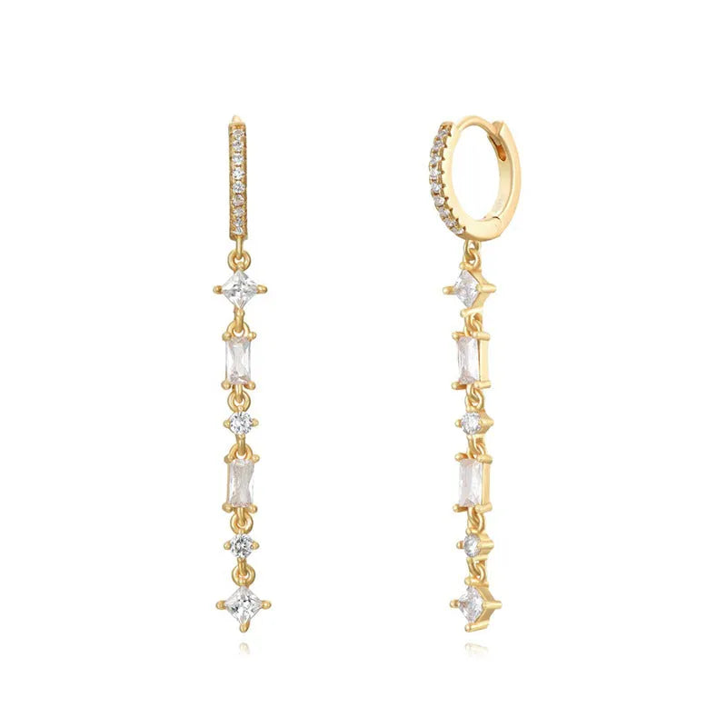 Sterling silver needle earrings with colourful zircon tassel drop design and geometric U-shape