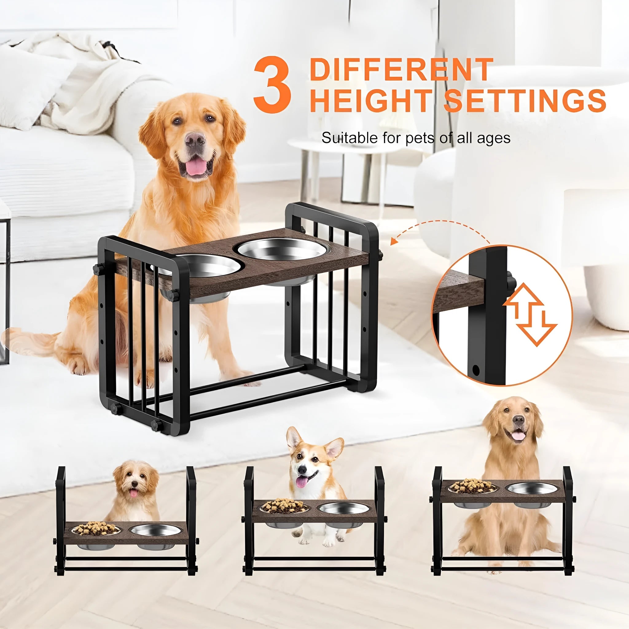 Black wooden dog bowl stand with adjustable metal bracket and non-slip grips