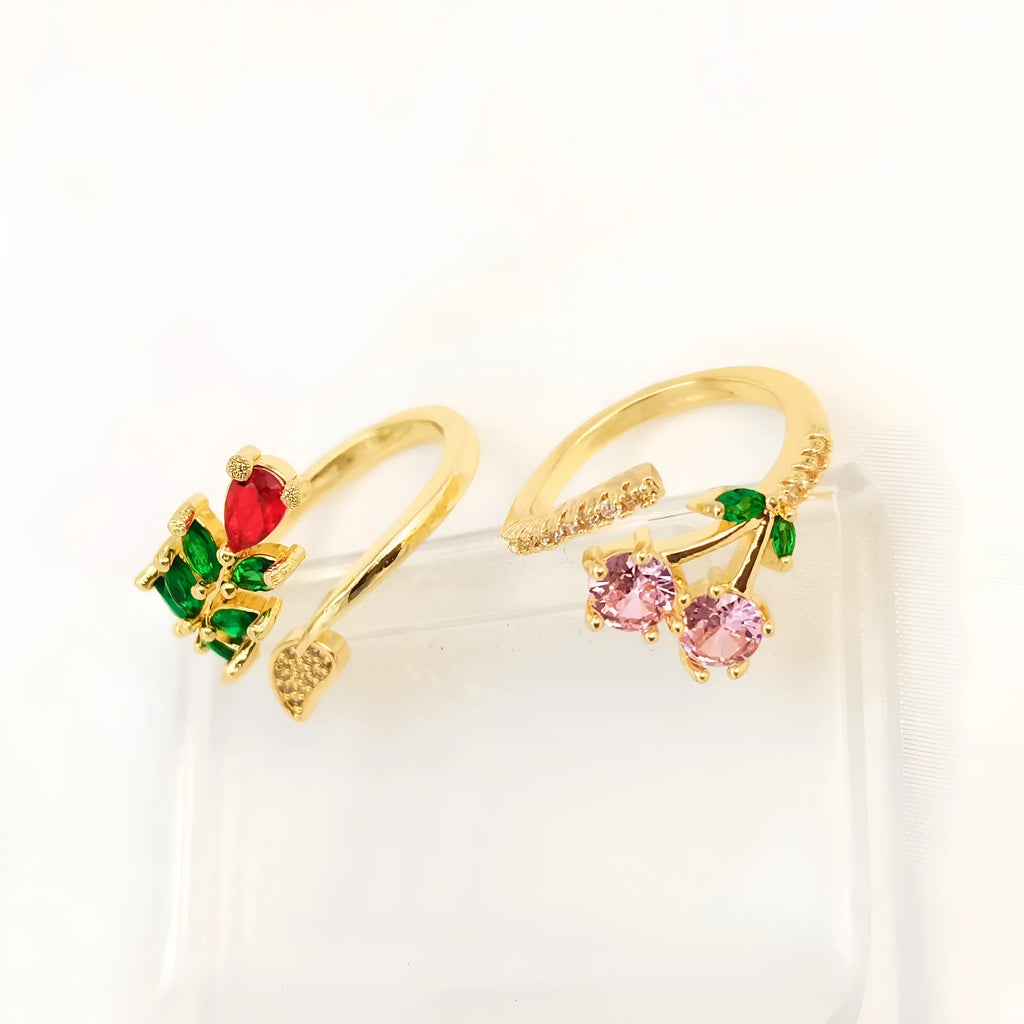 Copper geometric open ring with gold plating and zircon leaf decoration