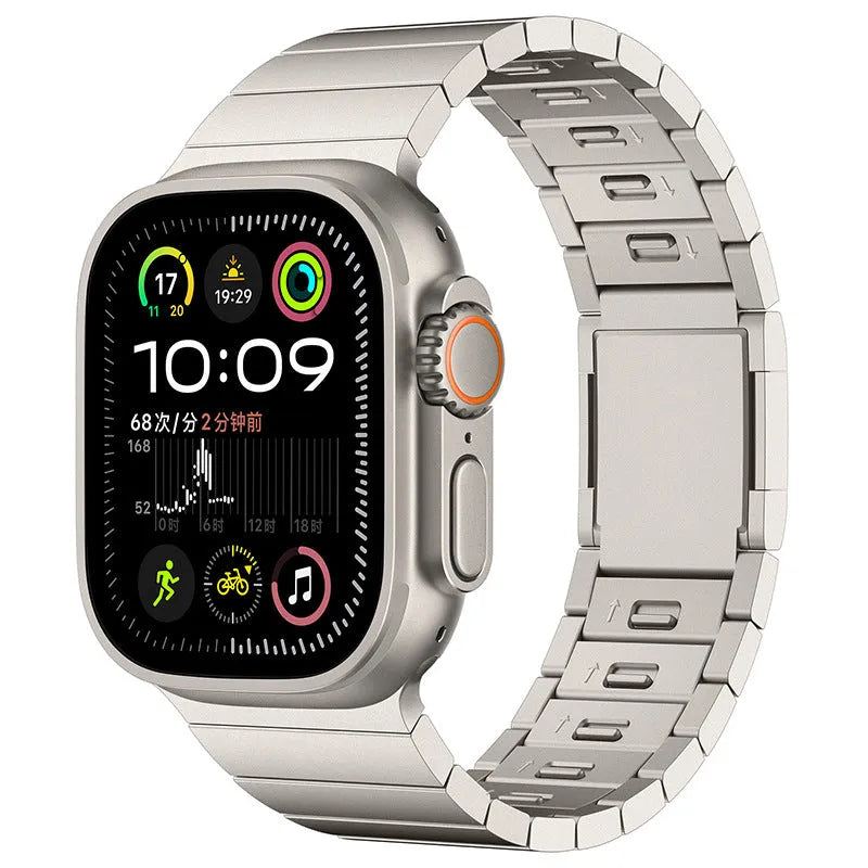 Stainless steel Apple Watch strap with magnetic buckle in business style.