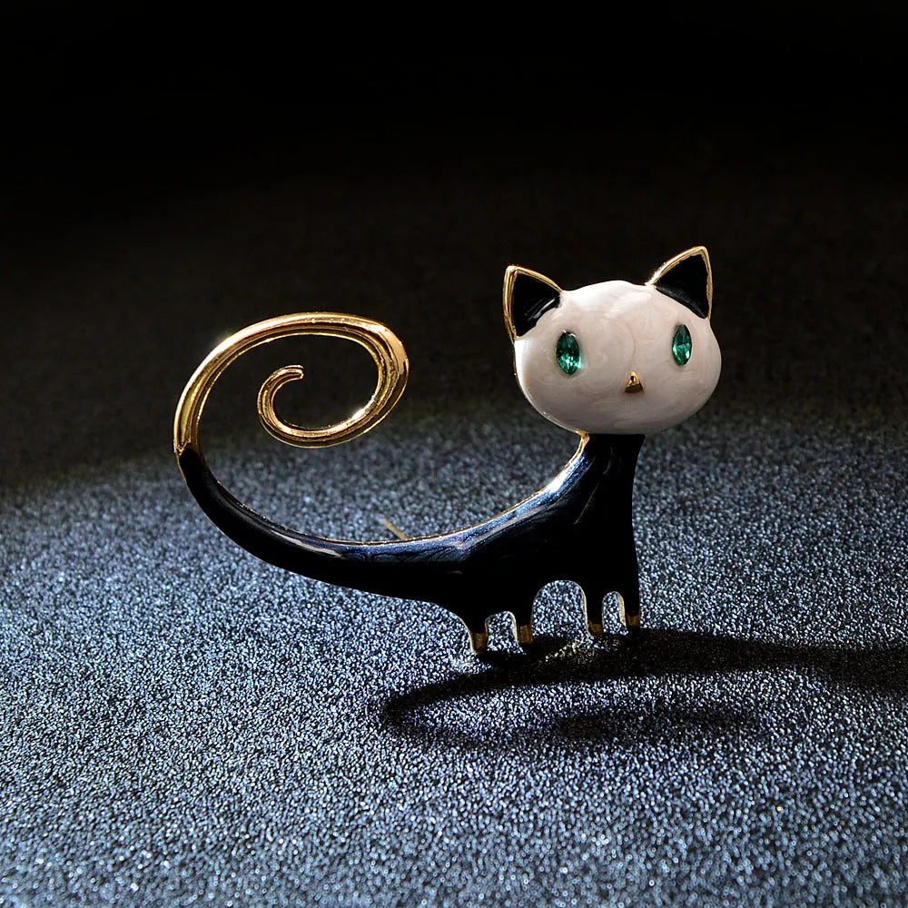 Personalised painted tailing up kitty brooch in alloy metal, orange and white colour options