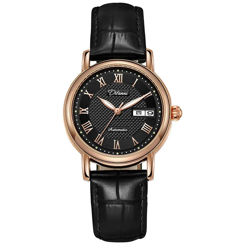 Women's automatic mechanical watch with choice of stainless steel or leather strap, 12mm thickness