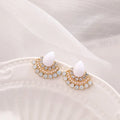 Women's retro fan-shaped rhinestone earrings with sterling silver needle and electroplated silver finish