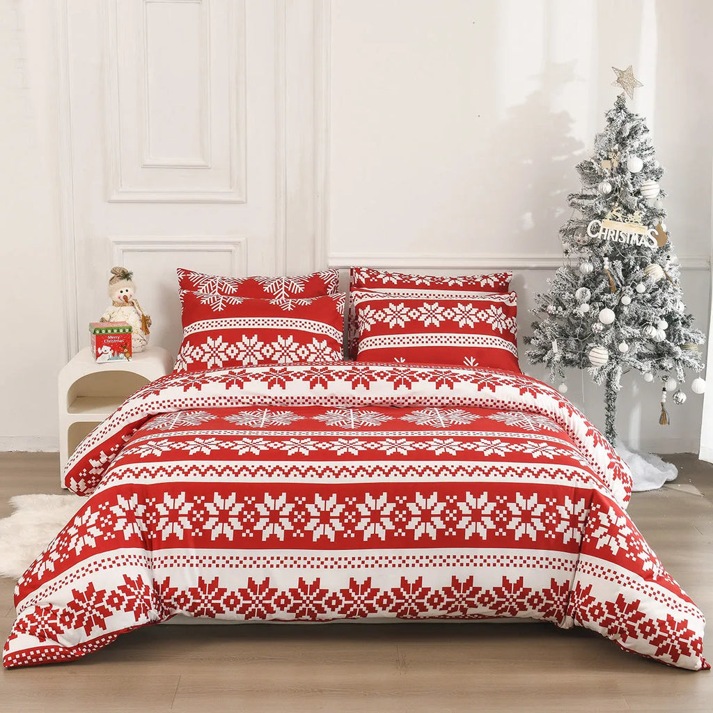 Winter Sleepers red Christmas pattern bed three-piece set with quilt cover and pillowcases on bed