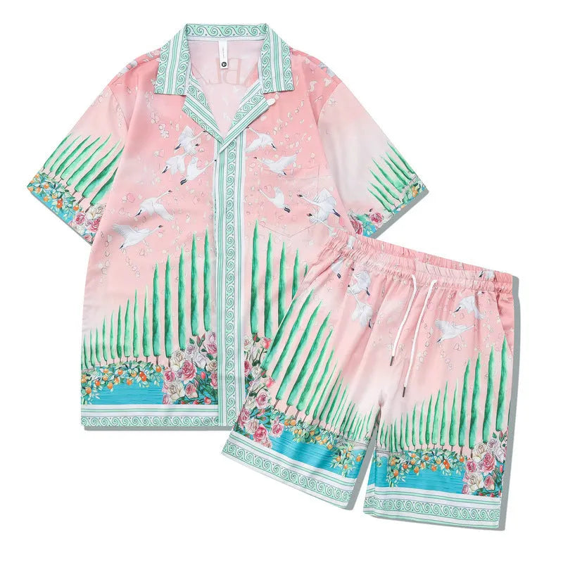 Plaid print beach shirt and trouser outfit set in European American style with short sleeves