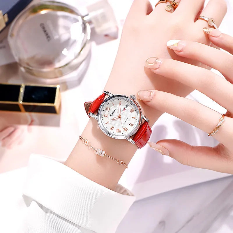 Women's automatic mechanical watch with choice of stainless steel or leather strap, 12mm thickness