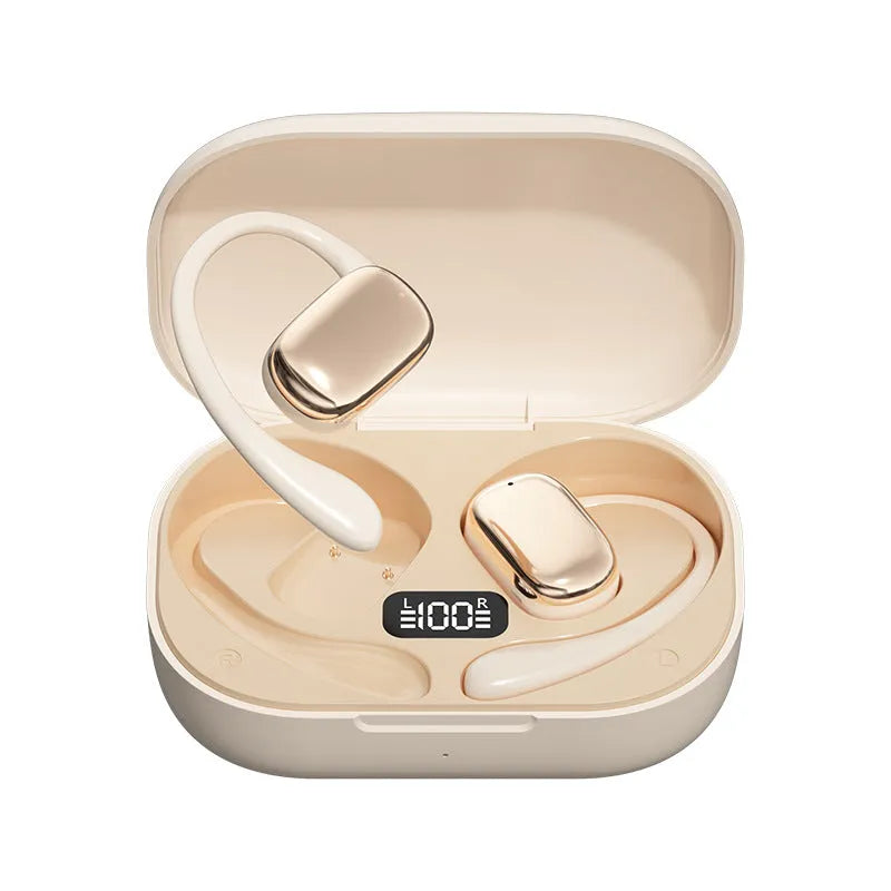 Ear-mounted wireless headphones with a digital display screen on the earpiece.