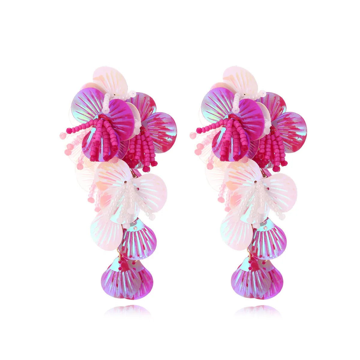Handmade beaded flower earrings with floral and leaf designs in colourful, rose or purple colours
