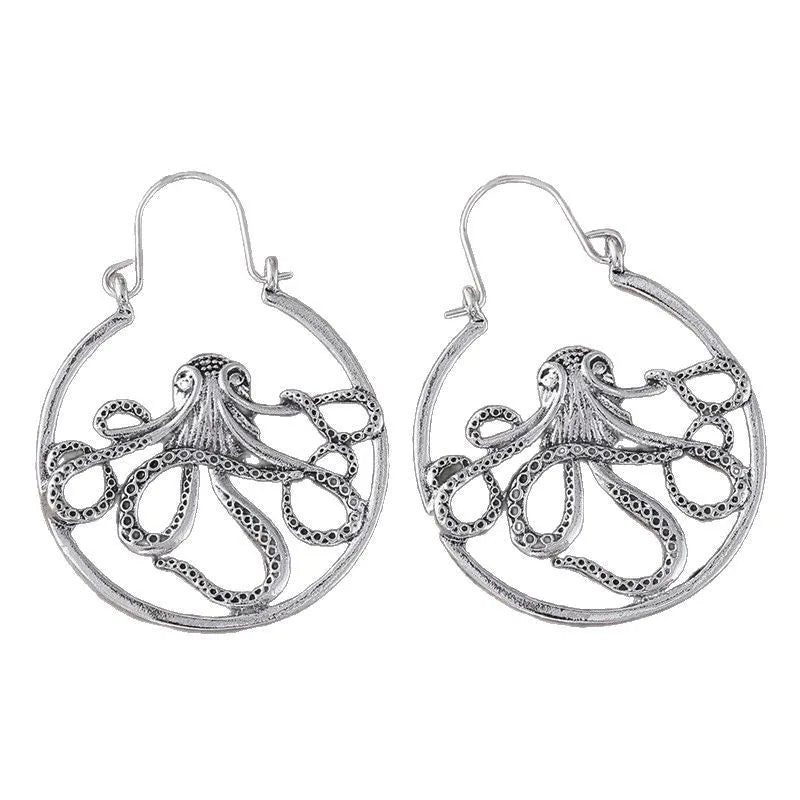 Vintage antique silver octopus earrings with zinc alloy construction and electroplated finish