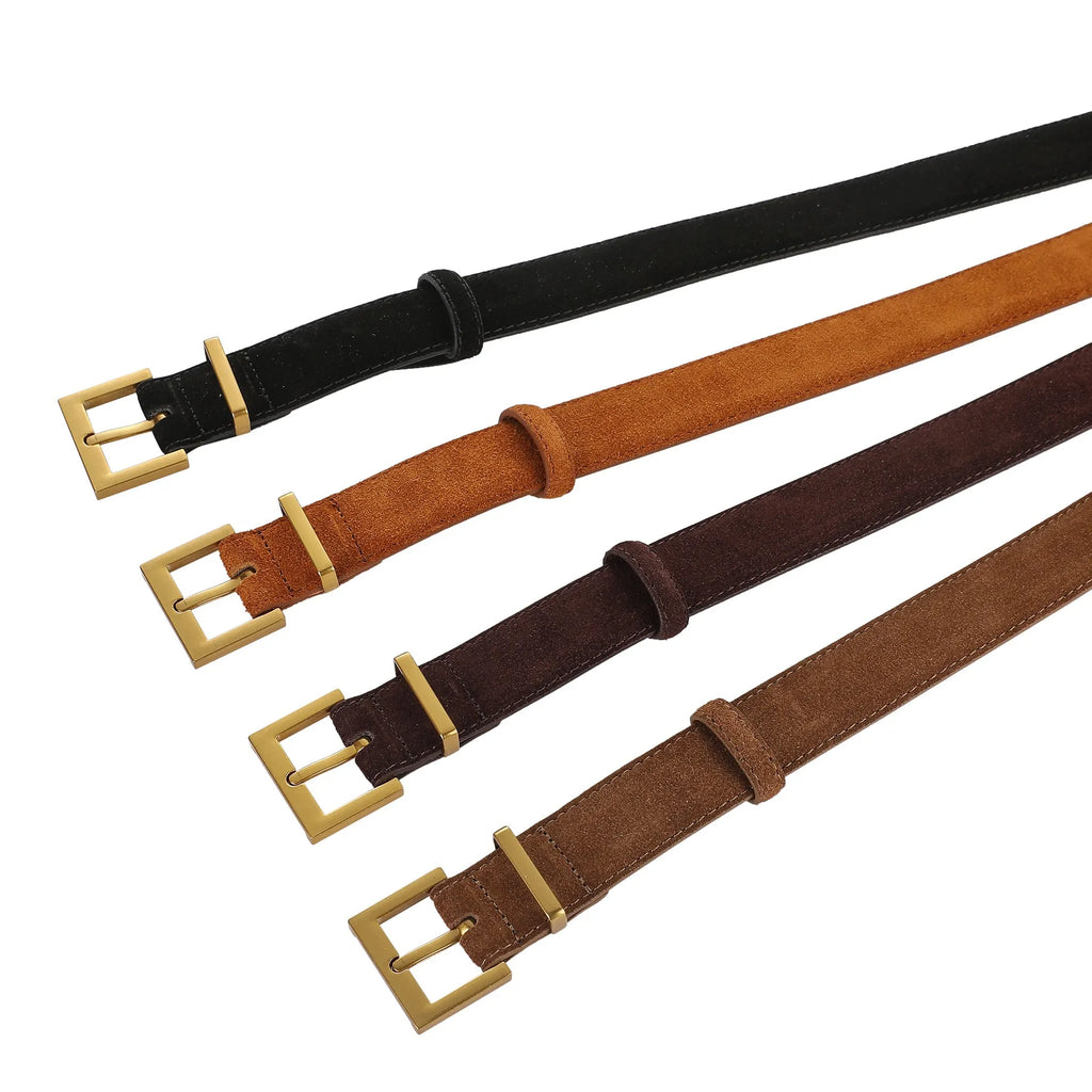 Ladies' black leather belt with alloy pin buckle showing punching texture detail
