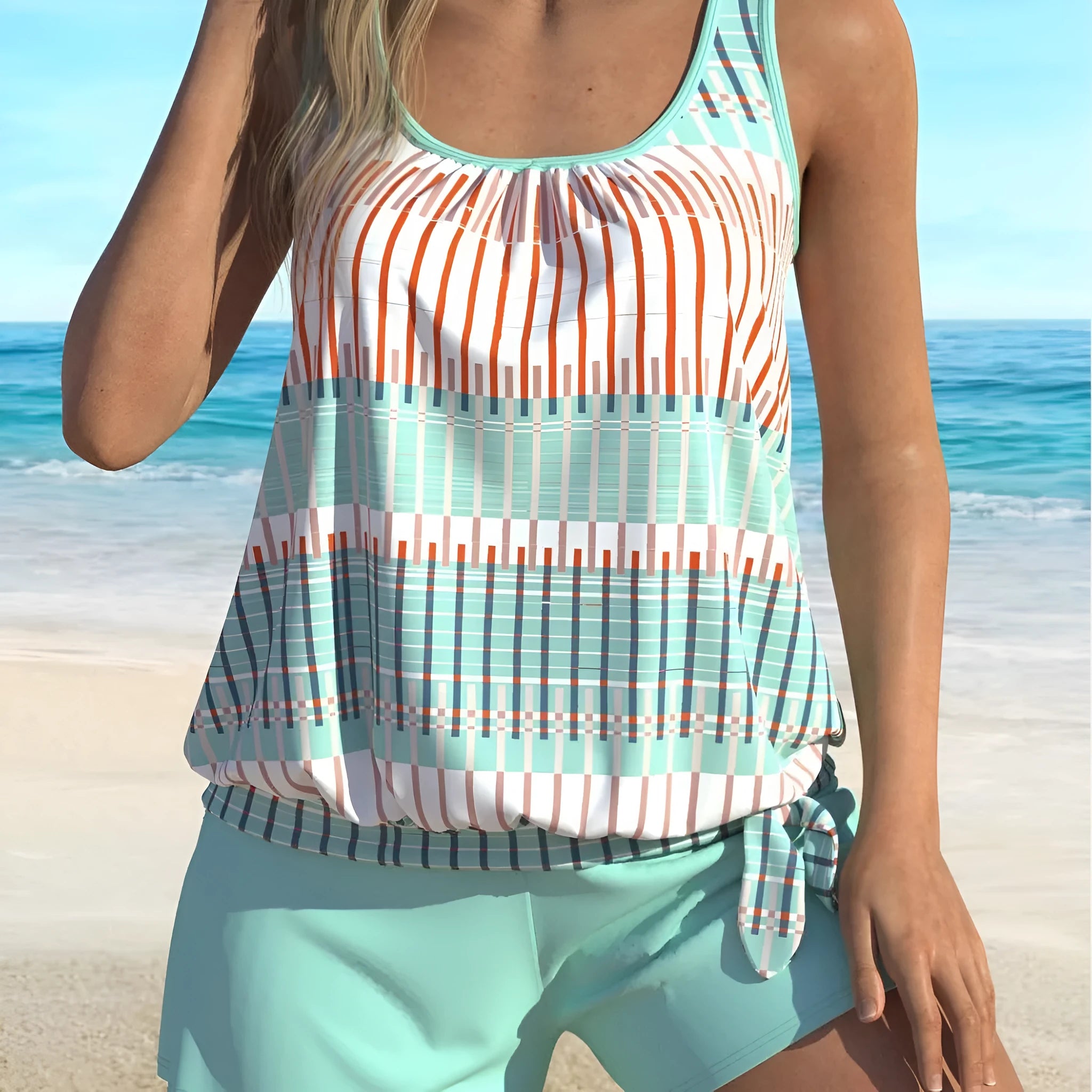 Women's sky blue striped colour split swimsuit in polyester fiber, shown in plus size fit.