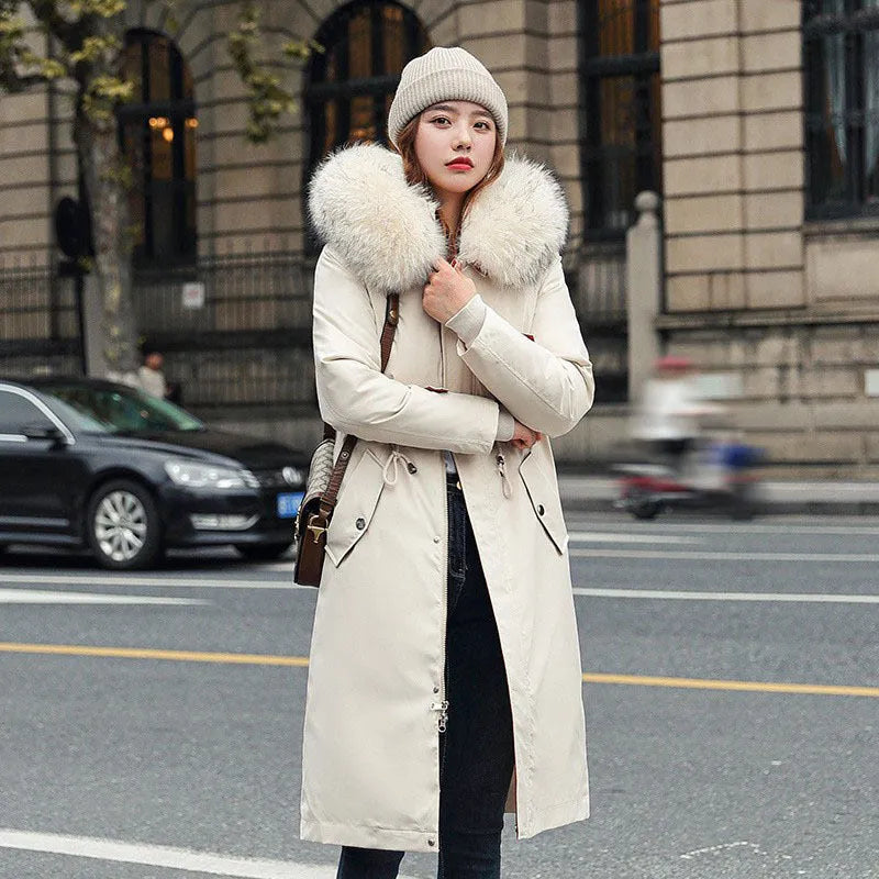 Women's long white cotton-padded trench coat with 100cm length and down cotton filler