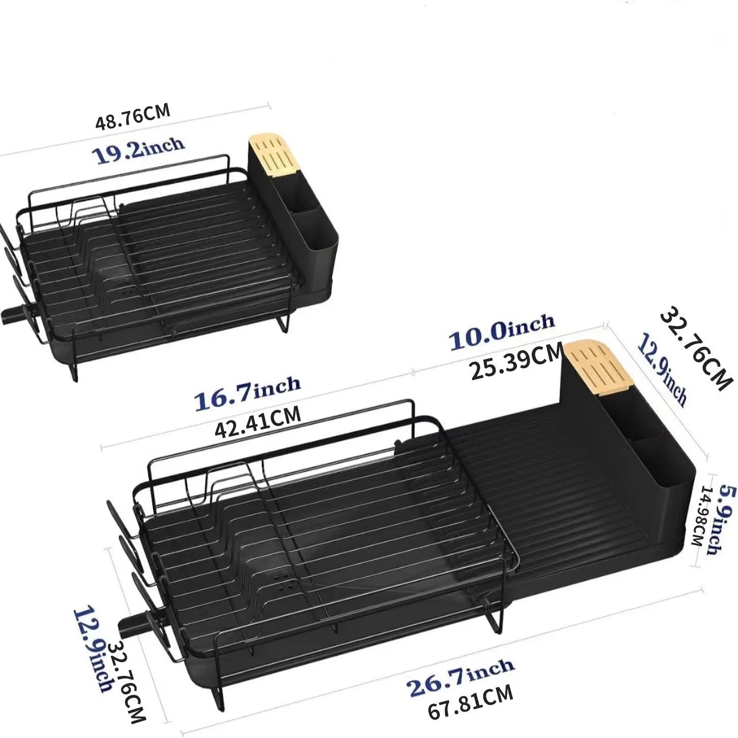 Foldable carbon steel dish drain rack holding cutlery and cups on a kitchen counter.