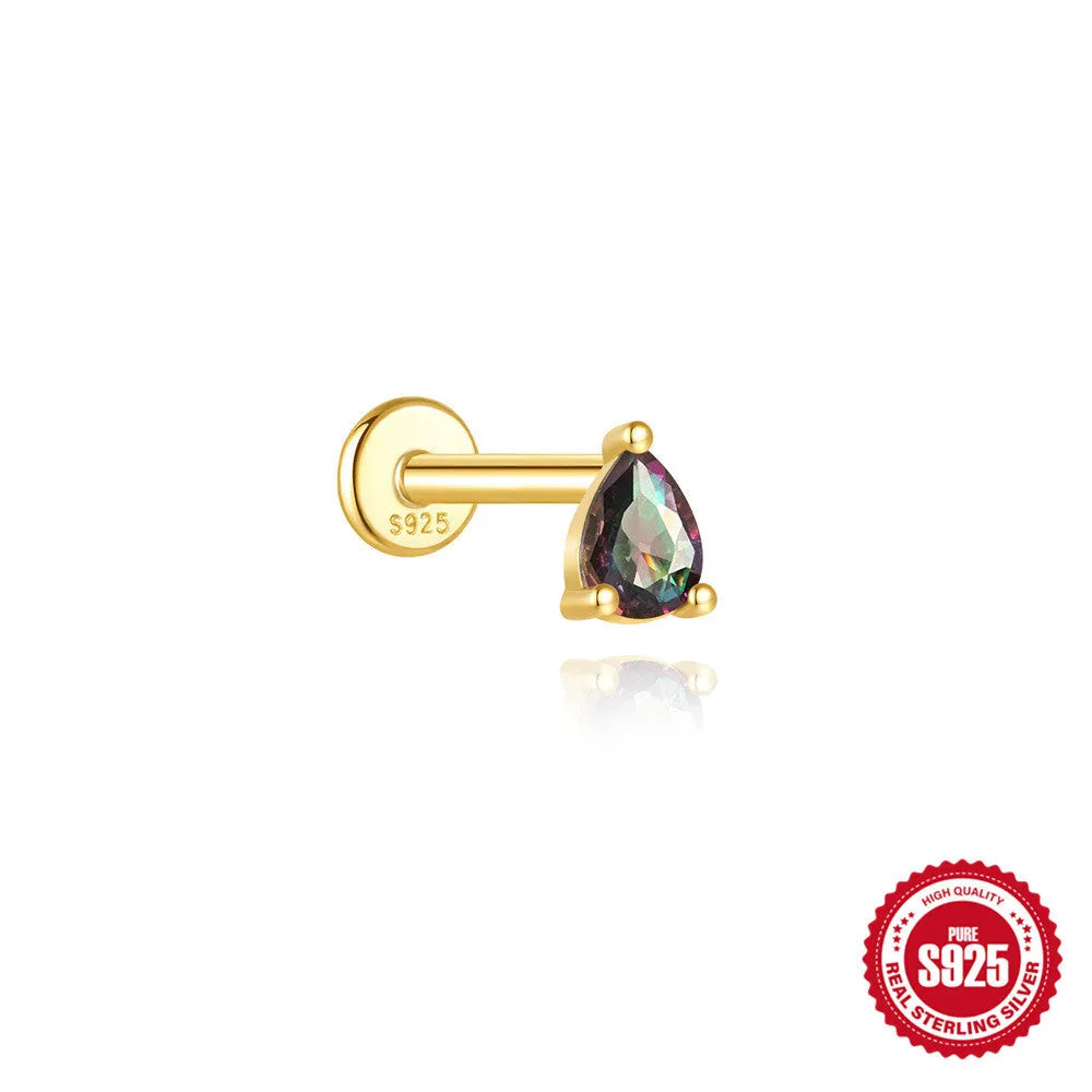 S925 sterling silver flat head thread piercing earring with rainbow stone in geometric design
