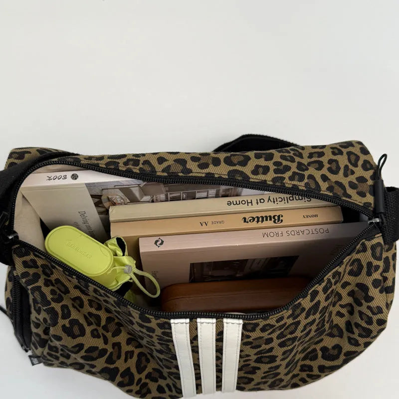 Leopard print sports messenger crossbody bag with large capacity and cloth construction