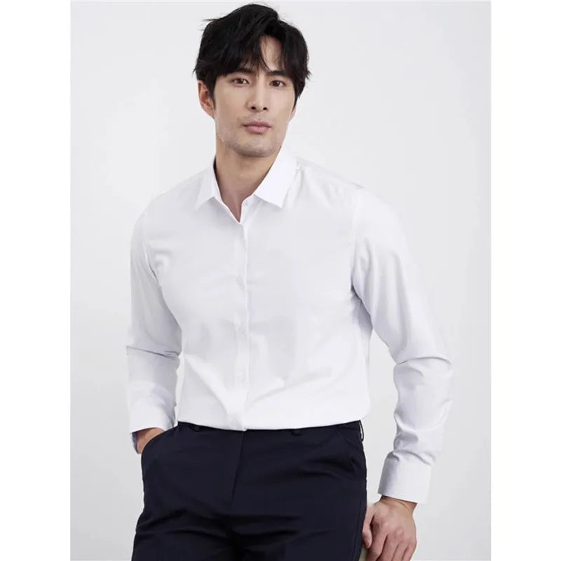 Men's wine red slim fit long sleeve shirt made from non-iron polyester blend fabric.
