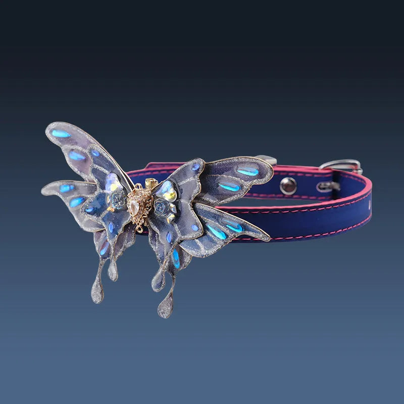 Purple colour-changing butterfly pendant necklace with rhinestone collar on an alloy chain.