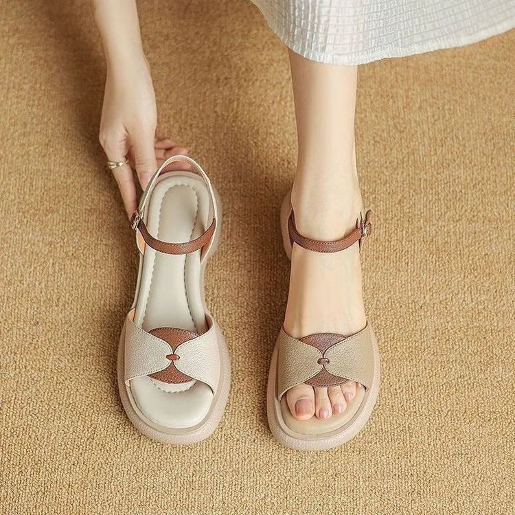 Women's khaki chunky heel platform sandals with open toe and rubber sole.