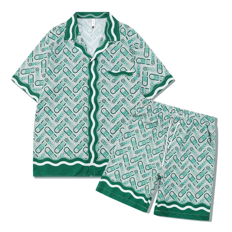 Plaid print beach shirt and trouser outfit set in European American style with short sleeves