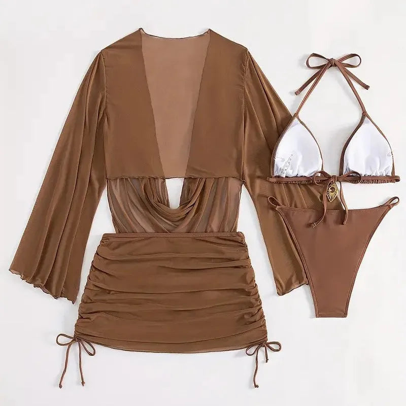 Women's dark brown lace-up front bikini swimsuit with backless design
