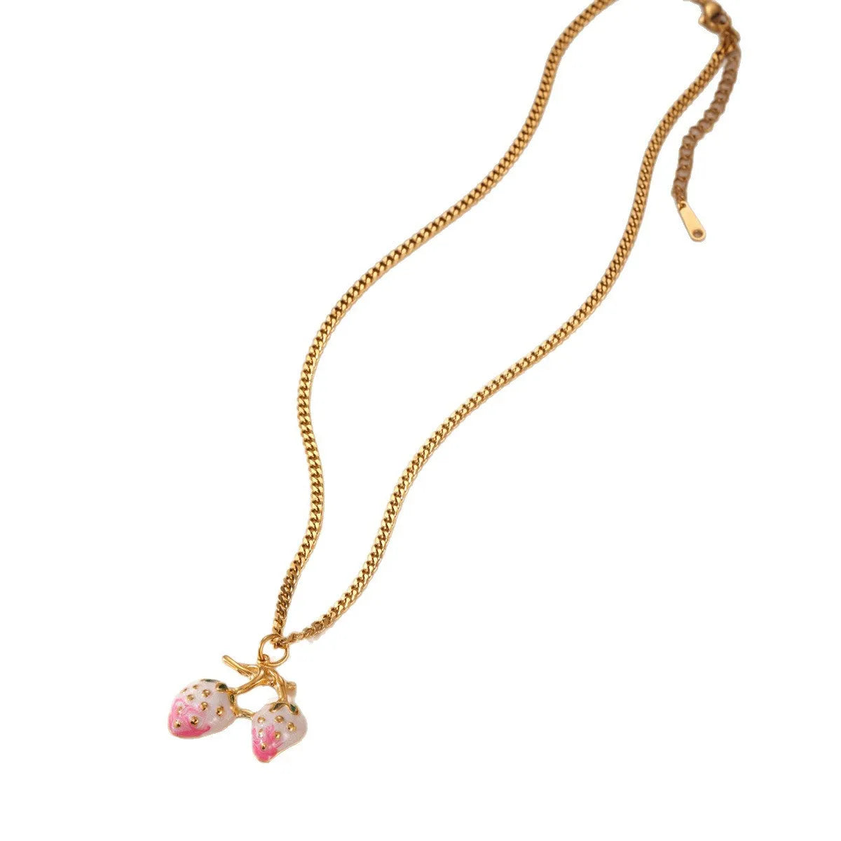Stainless steel strawberry fruit pendant necklace on an alloy chain, shown in red and white gradient colour options.